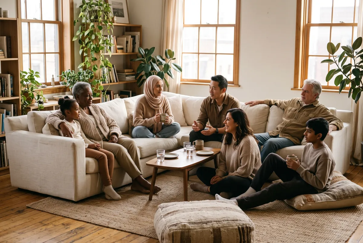 Diverse group of family and friends resting together in a sunlit living room