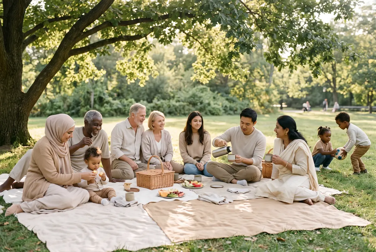 Diverse community picnic gathering on blankets in a sunny park