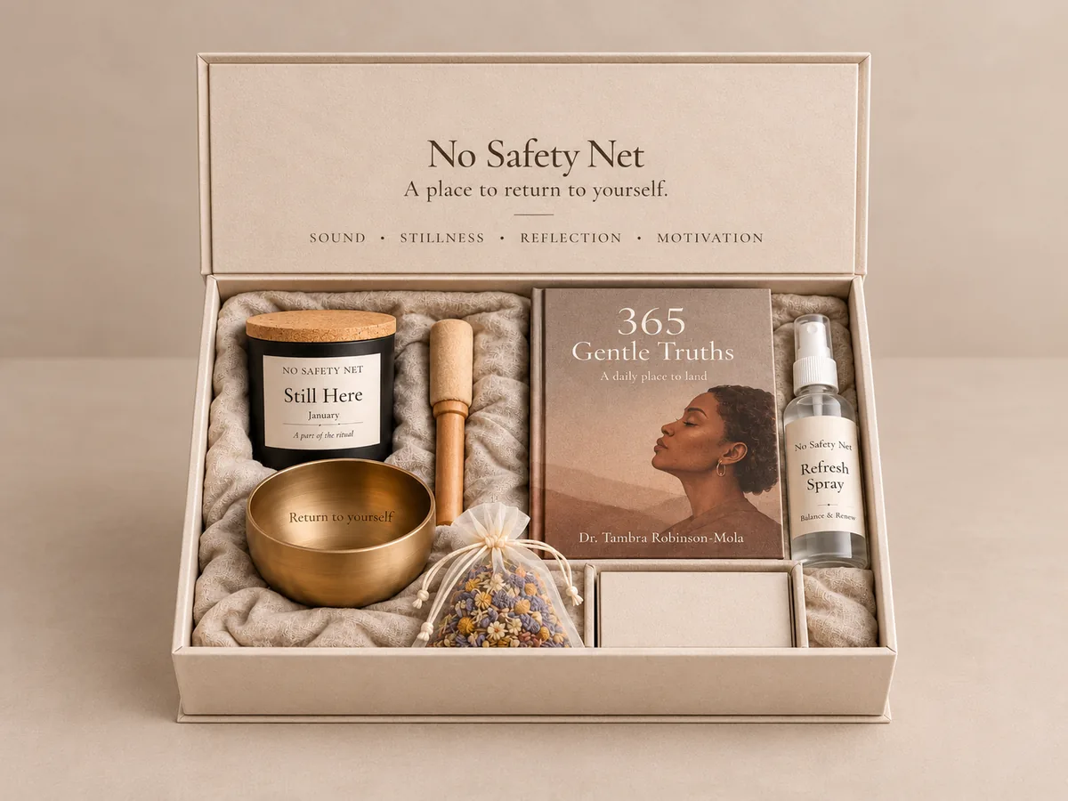 No Safety Net Motivational Box with candle, spray, tea, reflection cards and singing bowl