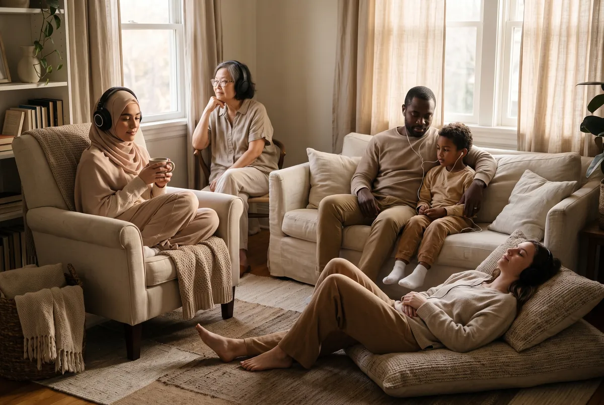 People of different backgrounds relaxing at home while listening with headphones