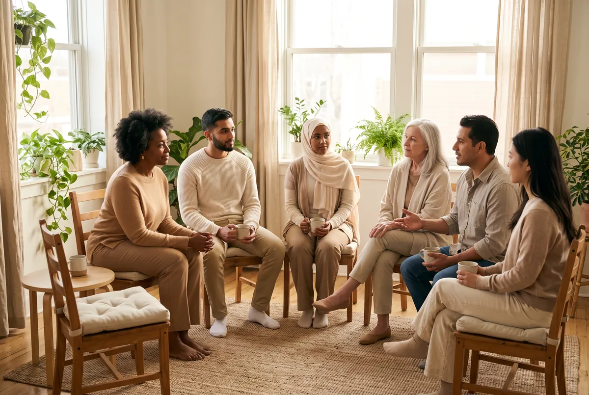 Small diverse support circle sharing a calm conversation over tea