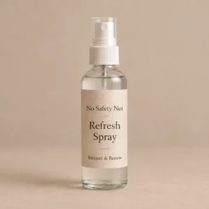 No Safety Net refresh spray in a clear glass bottle